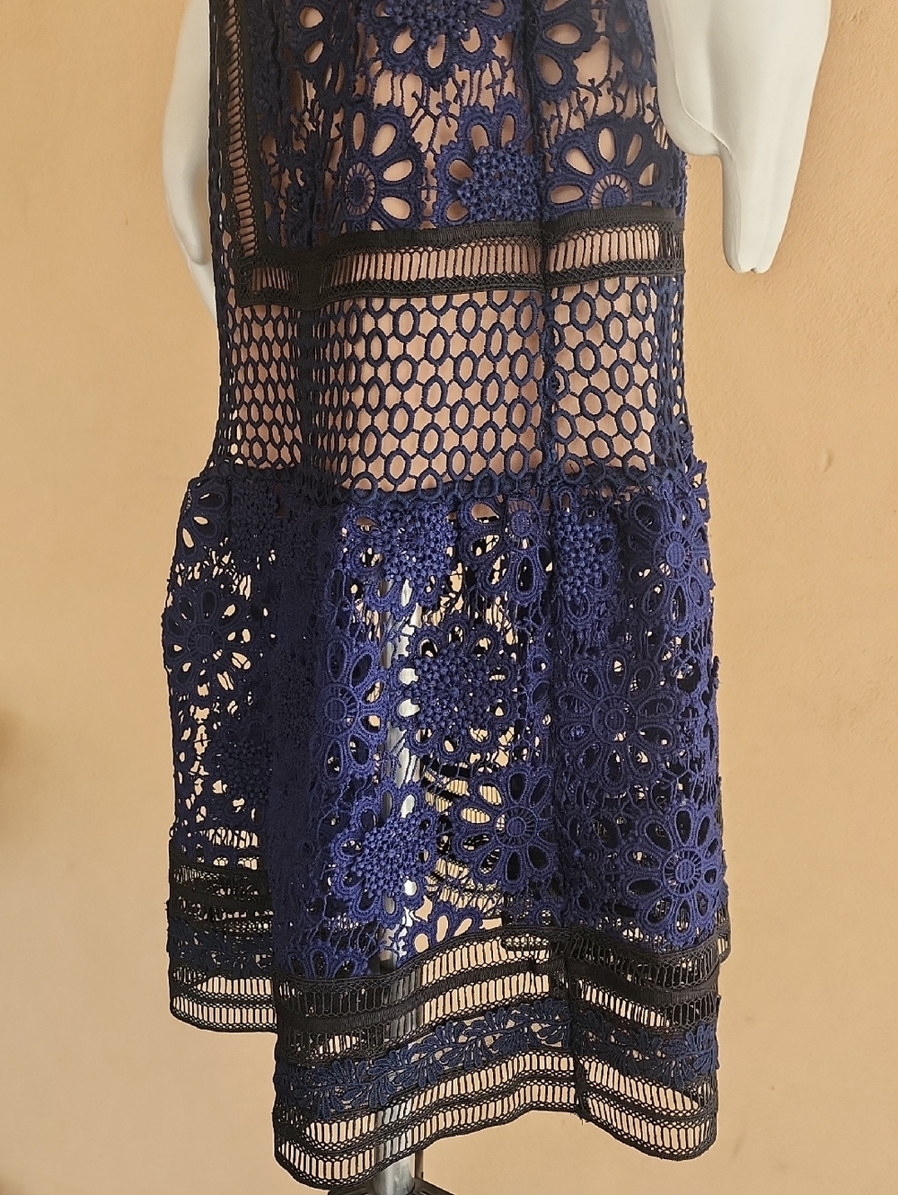 SELF-PORTRAIT Guipure Lace Midi Dress Size 0 Blue Nude Crochet A Line Party Wedd - Picture 12 of 15